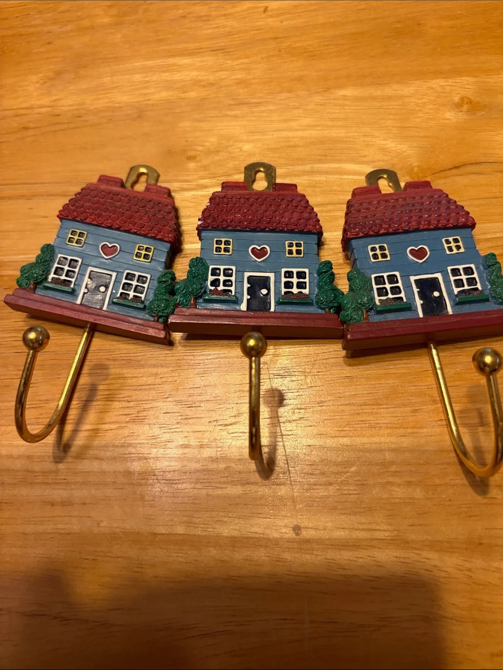 Avon Blue Cottage Wall Hooks with Red Roofs and Gold Hooks